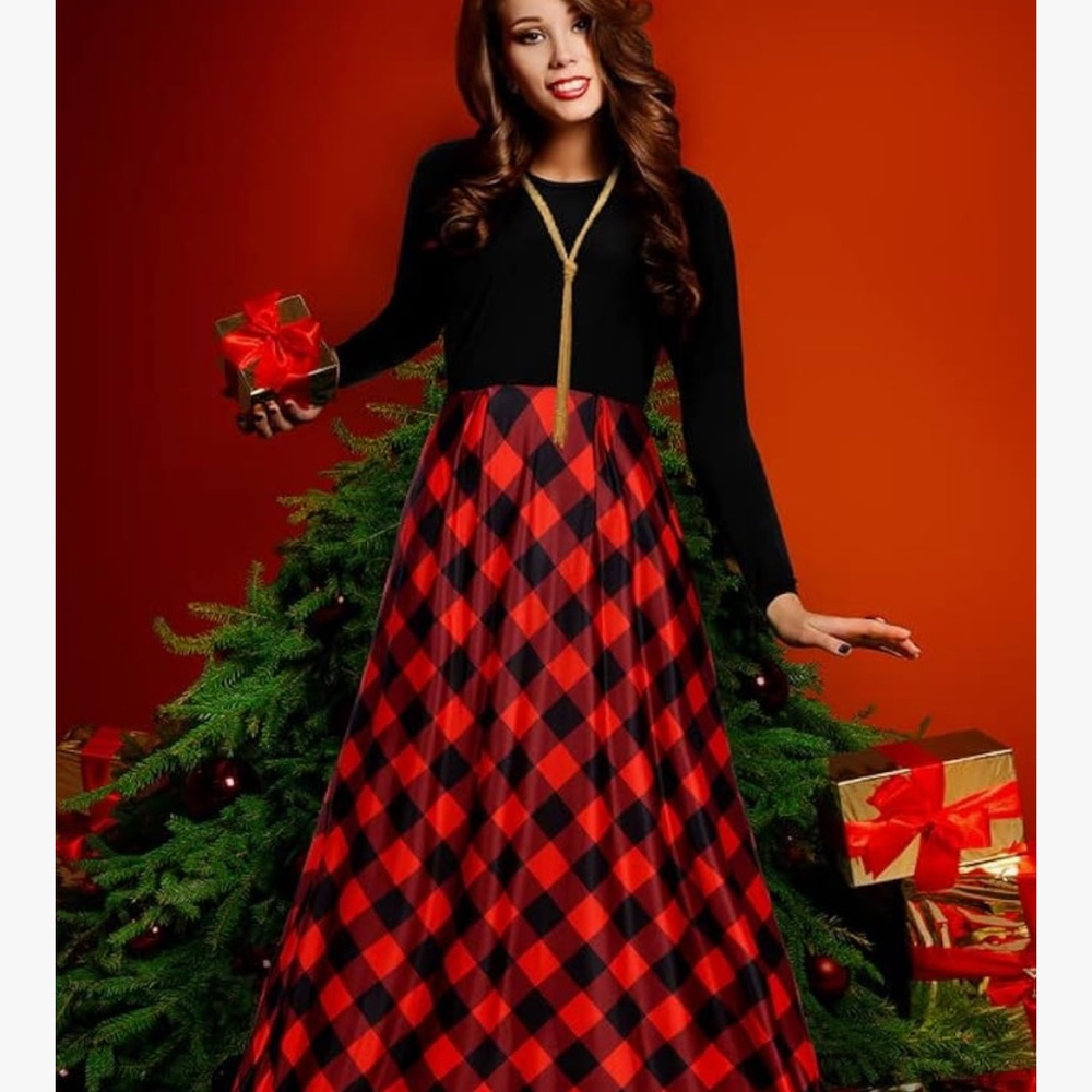 Festive and Chic Black and Red Plaid Maxi Dress